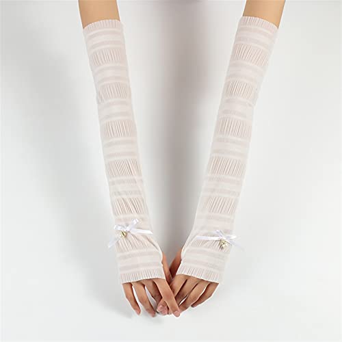ASZX Women's Rhinestone Pearl Sunscreen Cuff Gloves Ice Sleeve Female Sleeve Summer Thin Section Long Tide Silk Cycling Ice Arm Guard 901 (Color : White, Size : 46cm)
