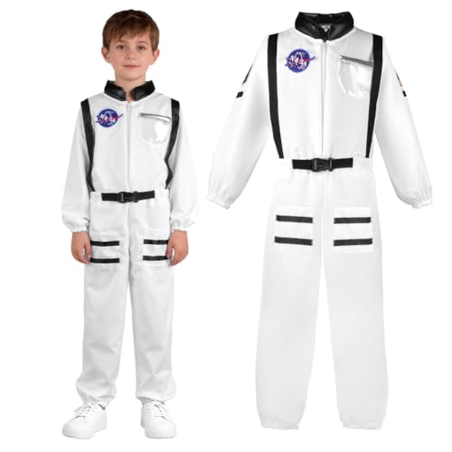 BSBUY Astronaut Kostüm Kinder Weiß Astronautenkostüm Kind Unisex Astronautenoverall Astronauten mit Taschen Weiß Weltall Costume Raumfahrer Spaceman Kostüm Outfit Halloween Astronaut Raumanzug 110cm