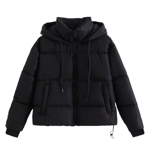 Women's Winter Casual Puffer Jacket Stand Colla Hooded Crop Padded Jacket Y2K Teen Girl Pockets Baggy Short Coats