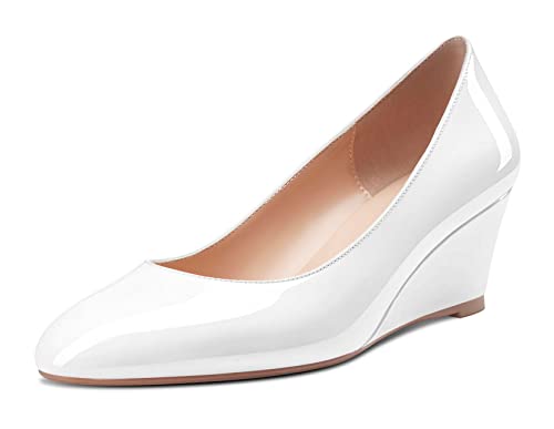 Saekcted Femmes Mi Talon Heel Compensé Rond Bout Slip-on Escarpins Classique Cute Dress 5 CM Heels Blanc 38 EU