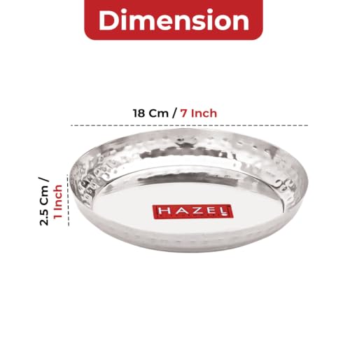 Image of HAZEL Stainless Steel Snack Plate 18 cm | Thali with Hammered Sides | Daily Use Breakfast Plate Food Serving Plate for Restaurant Thali