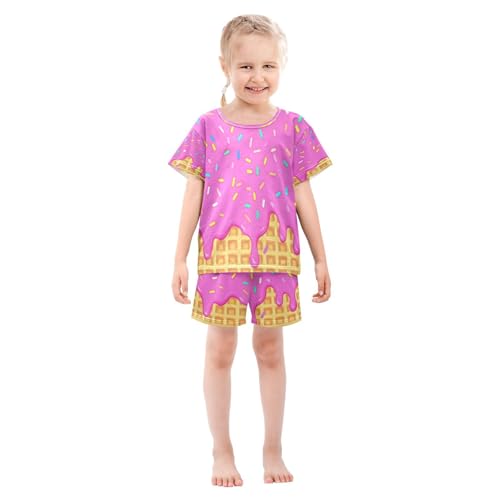 ALAZA Funny Waffle Ice Cream Pajamas Set Short Sleeve Cotton Sleepwear Summer Pjs 2 Piece 5-14Y3