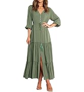 R.Vivimos Maxi Dress for Women Long Sleeve V Neck Drawstring Button Up Casual Split Flowy Dress
