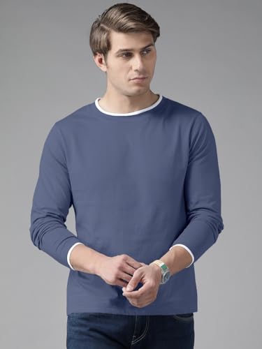 Image of THE DRY STATE Turquoise Blue Cotton Round Neck Full Sleeve Casual T-Shirt for Men