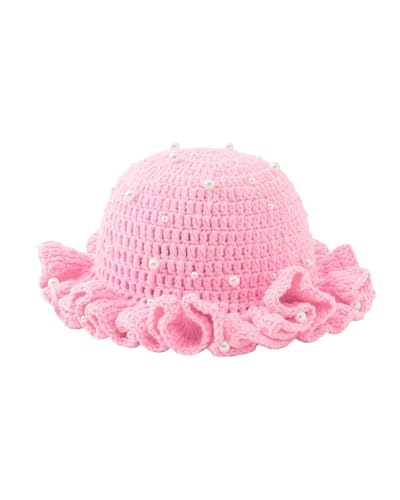 Image of Women Crochet Bucket Hat Cute Winter Ruffled Brim Floppy Cap Handmade Knit Cloche Hats