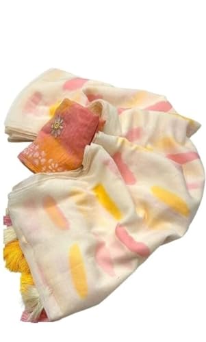 Image of Women's Linen Cotton Blend Saree Multicolor Ikat Brush Print Scalloped Border with Floral Print Unstitched Blouse Piece