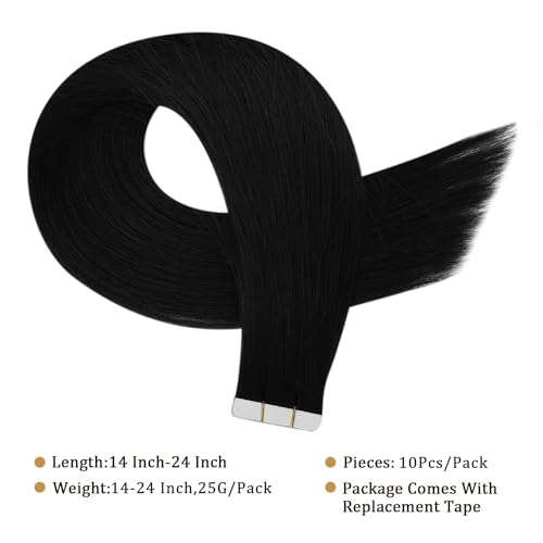 Image of Full Shine Virgin Tape in Hair Extensions Color 1 Jet Black Tapes Extensions 14 Inch Remy Hair Extensions Tape in 25 Gram Double Sided Tapes Hair Extension 10 Pcs Long Lasting for Women