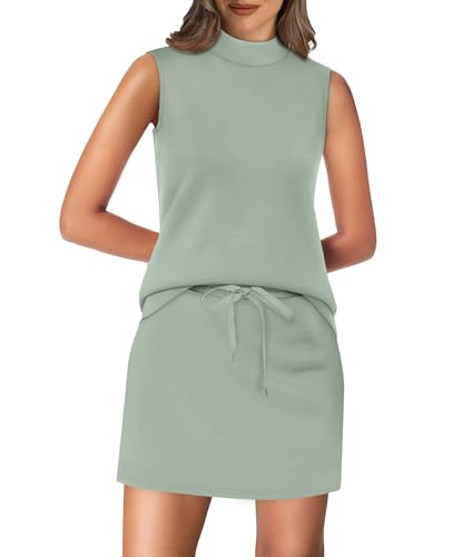 Xieerduo Athletic Two Piece Skirt Set For Women 2026 Breathable Mock Neck Sleeveless Top Tennis Skort Active Wear Golf Travel Beach Vacation Summer Mint Green S