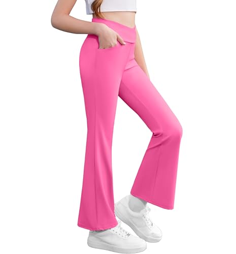 Image of Zaclotre Girls Flare Leggings High Waisted Yoga Pants with Pockets 5-16 Y | Kid Bell Bottoms, Wide Leg Pant, School Uniform, Casual Clothes, V Crossover Waist, Stretchy, Athletic, Dance
