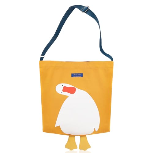 MEETPET Cute Canvas Tote Bag for Women Reusable Cotton Cloth Bag for Lunch Grocery Shopping and Beach with 3D Duck Design (Messenger bag Yellow Duck)