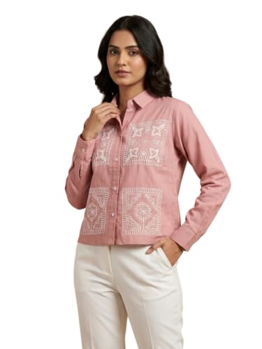 Image of Stylish Women's Embroidered Shirts | Geometric Pattern Half Sleeve Collared Button-Up Casual Shirt for Women