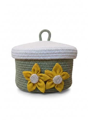 Image of Round Cotton Storage With Lid Gift Basket for Closet Wardrobe Packing, Desk Organizer, Eco- Friendly Bins (Olive and White) for Home, Office with Handcrafted Jute Flowers. (Olive and White)