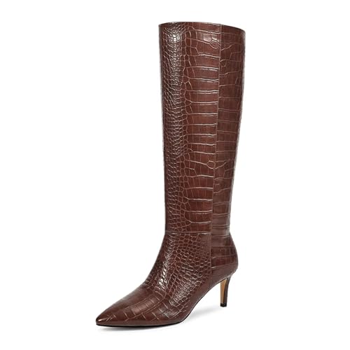wetkiss Brown Knee High Boots for Women Knee High Crocodile Boots Snake Pointed Toe Tall Brown Snakeskin Stiletto Heel