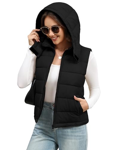 Women's Puffer Vest Detachable Hooded Stand Collar Zip Up Puffy Quilted Vests Outerwear With Pockets Fall Winter