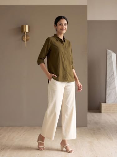 Image of SAADAA Women's Relaxed Fit Mid Rise Airy Linen Wide Leg Pants, High Waist Trousers for Formal, Casual & Office Wear