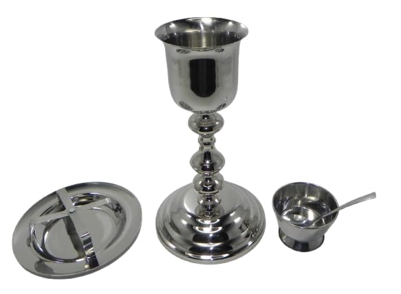 Image of Holy Chalice and Paten Set, Silver Finish, Complete Communion Set with Cup, Plate, Bowl, Spoon and Stand