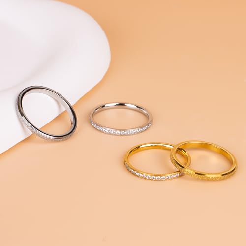 2-Pack Gold Plated Stacking Rings for Oura Ring 4/Gen 3, Non Tarnish,Matte Finish Sandblast Ring with 14K Zirconia Simulated Diamond Ring Stack for Women Size 5-104
