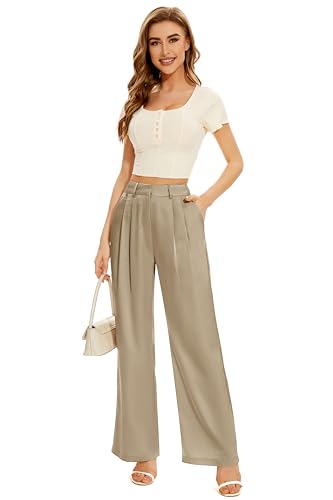 FUNYYZO Women Stain Wide Leg Pants High Elastic Waisted Casual Business Work Trousers Long Straight Suit Pants2
