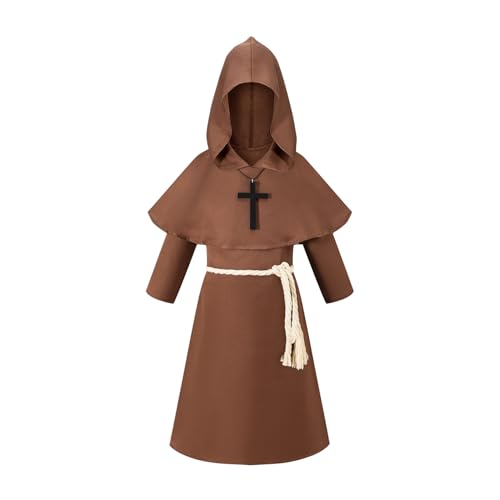 InBakjade Medieval Renaissance Monk Costume, Brown Hooded Robe with Cross, Long Sleeve Religious Friar Dress for Kids 7-8Y
