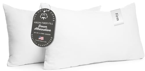 Image of Digital Decor 100% Cotton Fabric Luxury Hotel Pillows Queen Size Set of 2 Cooling Hypoallergenic Down Alternative Bed Pillows for Sleeping, Firm Support for Side & Back Sleepers Made in USA, 30 inch x 20 inch