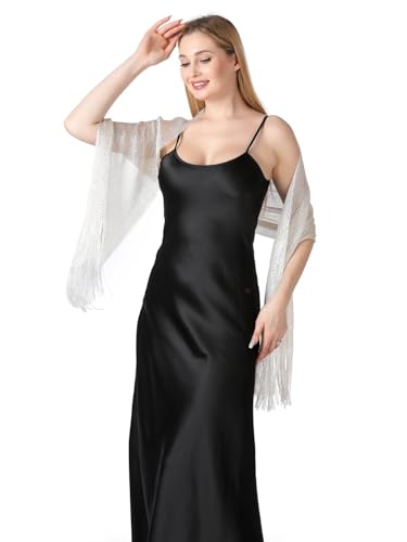 Image of Stoles for Evening Dress with Buckle, Fringes - Polyester Blend, Shimmer Stole Wraps for Weddings, Party | Women's Clothing