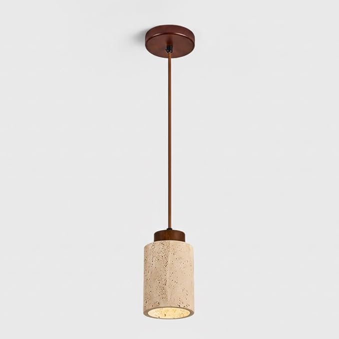 Lámpara colgante de estilo japonés en travertino amarillo natural y madera maciza, minilámparas colgantes con casquillo E26, ideal para isla de cocina, comedor, mesita de noche y bar (color madera).