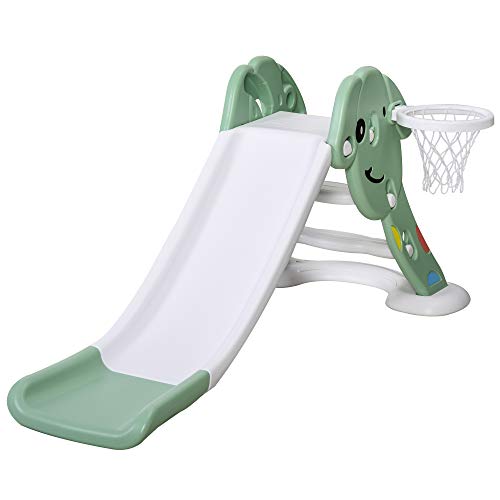 Qaba Kids Slide for Indoor and Outdoor, Toddler Freestanding Slide Climber Toy for 18-48 Months Basketball Hoop, Ball and Inflator, Green