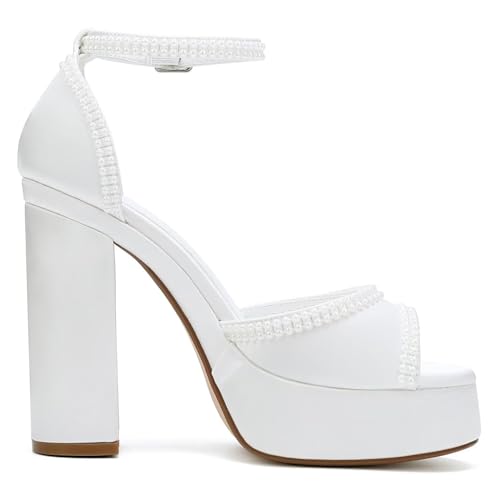 Image of Platform Heels Wedding Shoes for Bride Ankle Strap Bridal Heeled Sandals Wedding Heels