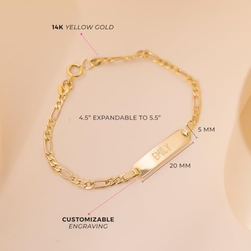 In Season Jewelry 14k Yellow Gold Unisex Adjustable Kids ID Bracelet with Engravable Identification Tag - Cute Figaro Link Chain Rectangular Name Plate Bracelets for Babies & Children4