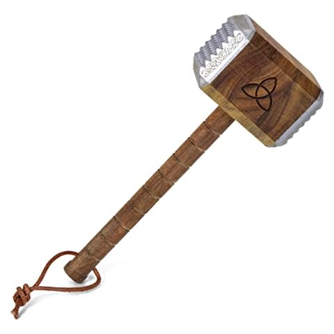 getDigital Mjölnir Meat Tenderizer Tool - Thor's Hammer Kitchen Helper for Tenderizing Steak - Acacia Wood with Dual-Sided Aluminum Caps and Runes Decoration Cover