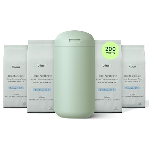 Biom Hand Sanitizing Wipes Starter Kit - 4pk(200 Total) Eucalyptus Scent Wipes + Refillable BPA-Free Dispenser-Biodegradable All Natural Plant-Based Non-Toxic Wet Wipes with Aloe for Soft Skin