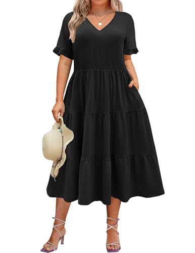 IN'VOLAND Womens Plus Size Summer Casual Short Sleeve Aline Swing Flowy Tiered Shirt Maxi Beach Long Dress Black