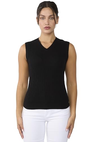 JENNIE LIU Womens 100% Cashmere V Neck Cable-Knit...