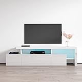 Meble Furniture Indisio TV Stand - Rectangular Shape Modern High-Gloss TV Stand with Storage Cabinets & Led Lights - Media Entertainment Center Console Table for TV Up to 70' - White