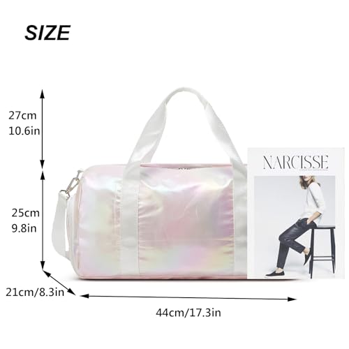 ZHIERNA Sports Gym Dance Bag for Women Girls, Shimmery Waterproof Duffle Travel Bag With Shoes Compartment and Wet Dry Pocket (Pink)2