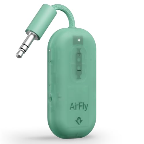 Image of AirFly Pro 2 - Bluetooth Adapter for Airplane, Pair 2 AirPods or Wireless Headphones - 3.5mm AUX Bluetooth Transmitter for Cars, Boats, Treadmills, TVs- Airplane Travel Essentials, Mint Ice