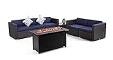 MFSTUDIO 7-Piece Patio Furniture Set with 50,000 BTU Fire Pit Table CSA Approved,Outdoor Wicker Rattan Sectional Sofa Conversation Set with Coffee Table and Navy-Blue Cushions