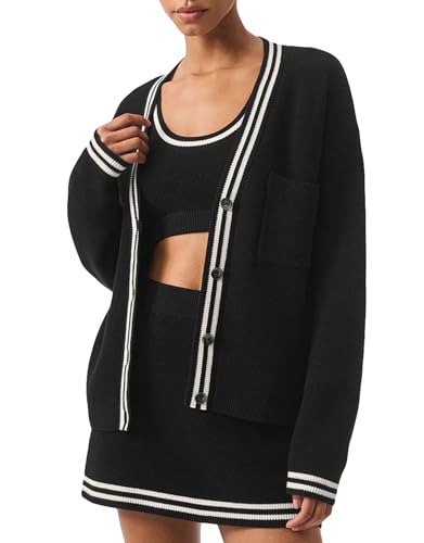 Image of Women's Oversized Knit Cardigan Sweaters Button Down Stripes Trim Cardigan Tops Casual Outerwear with Pocket Black