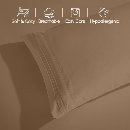 Image of Elegant Comfort Luxurious 1500 Premium Hotel Quality Microfiber Three Line Embroidered Softest 5-Piece Bed Sheet Set, Wrinkle and Fade Resistant, Split King, Taupe