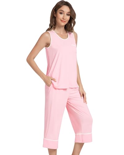 Image of NACHILA Pajamas Set for Women-Viscose Made from Bamboo, Tank Top with Capri Pants Pajama Cool Sleepwear Sleeveless Pjs