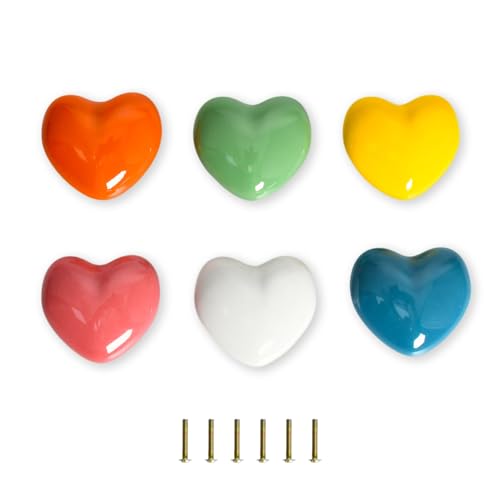 Kaiyzo 6 Boutons De Porte En Céramique, Poignées De Meubles En Céramique En Forme De Cœur, 6 Couleurs (Rose, Orange, Jaune, Vert, Bleu, Blanc), Pour Armoire, Placard, Tiroir