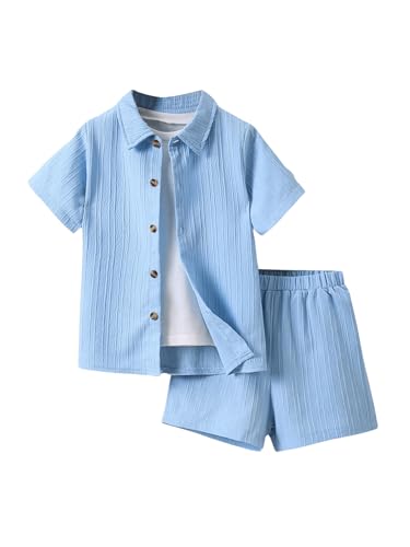Image of SweatyRocks Boy's 2 Piece Summer Vacation Outfits Short Sleeve Collar Button Down Shirt and Shorts Clothing Set