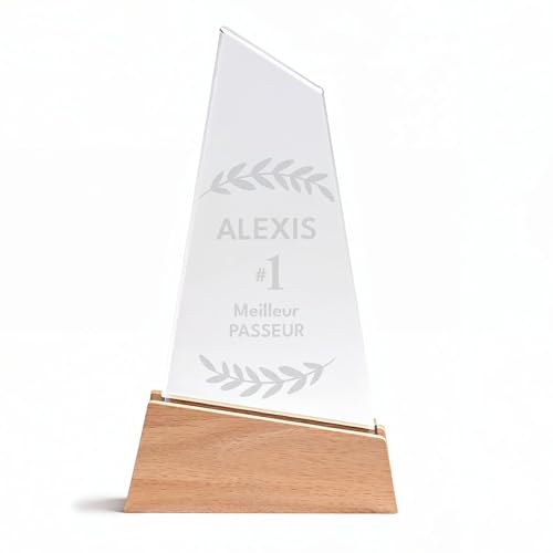 KDO MAGIC - Trophée Personnalisable - Coffret Cadeau Inclus - Trophée Verre personnalisé - Texte, prénom ou Date gravé - Triangle Bois - Anniversaire,...