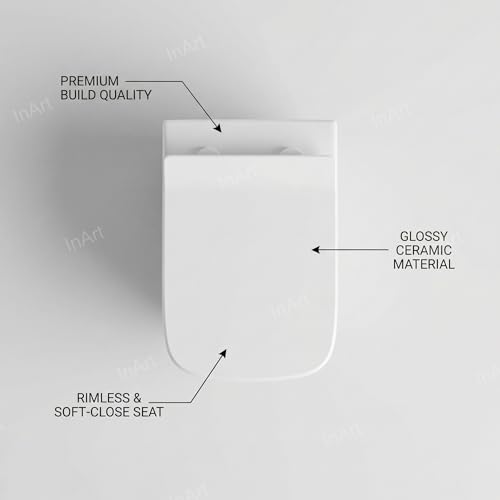Image of InArt Rimless Wall Hung Western Toilet - Ceramic Commode Toilet with Quick Release Soft Close Toilet Seat, 51x35x34 cm (White) - 10 Years Warranty