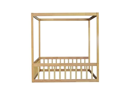 Image of Full Size 4-Posters Canopy Bed Frame with Fence Guardrails, Rubber Wood Montessori Floor Platform Bed for Kids Teens Girls Boys, No Box Spring Needed (Natural-02)