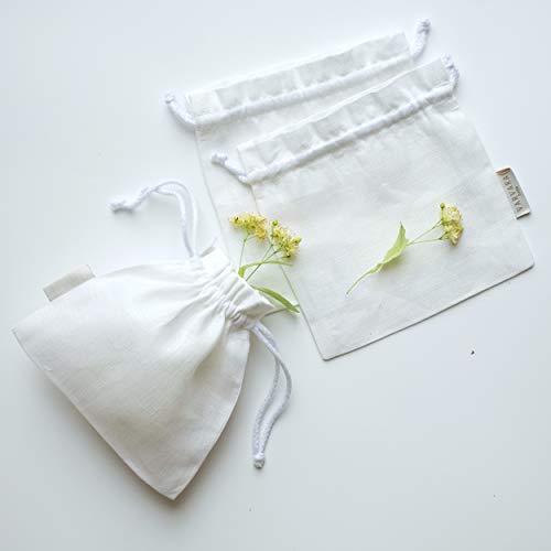 Varvara Home Bolsa de Lino | Pack de 3 Bolsas de Lino | Bolsa con cordón de 100% Lino para niños, cumpleaños, Boda, Fiesta, Bricolaje, Manualidades, 15 x 15 cm, Color Blanco Cover