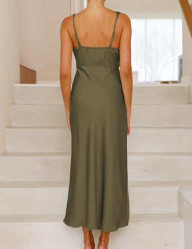 Image of Summer Satin Cowl Neck Midi Dress for Women 2026 Elegant Formal Silk Spaghetti Strap Backless Wedding Guest Dresses Olive