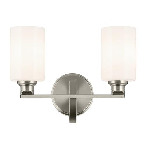 Image of Kichler Gioe 14.25 inch 2-Light Vanity Light with Opal Glass in Brushed Nickel, Damp Rated, for Bathroom, Powder Room, Over a Mirror, (14.25 inch W x 10.5 inch H), 55225NI