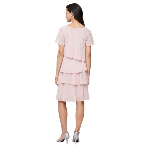 Image of S.L. Fashions Women's V-Neck Chiffon Cocktail Dress with Beaded Shoulders and Asymmetrical Tiers (Petite and Regular Sizes)