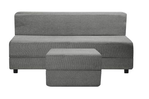 Image of 3-Seater Sofa Cum Bed with Ottoman, 5x6 Ft Folding Design in Jute Fabric, Space Saving Convertible Furniture for Living Room & Guest Use - Grey